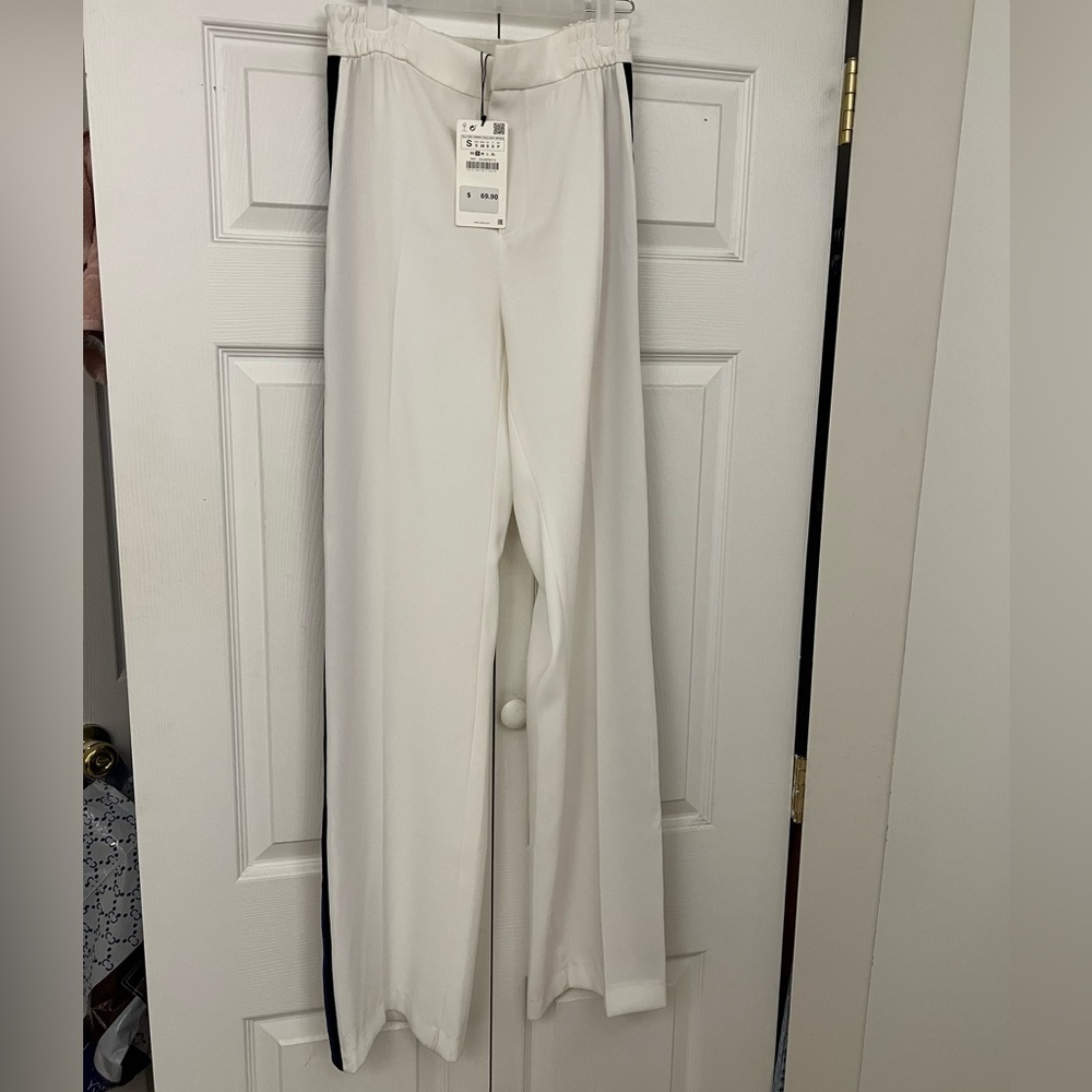 Zara White Track Pants with Black Stripes